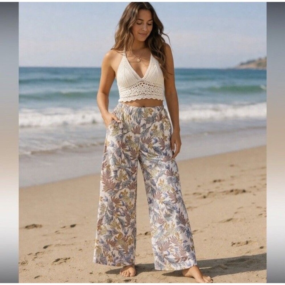 Nicole Miller Linen Pants Womens XL Tropical Leaf Print Wide Leg Pull On Resort
